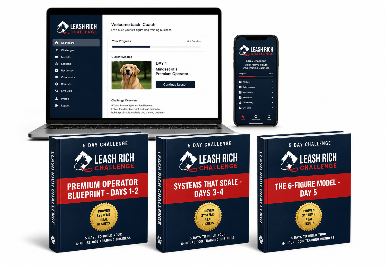 Leash Rich Challenge workbooks, dashboard and mobile app spread